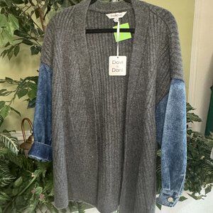 Open Front Cardigan with Denim Sleeves